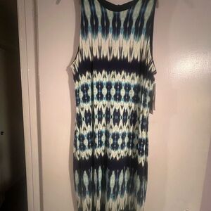 Karen Kane Navy Blue Teal and White Patterned Sleeveless Dress